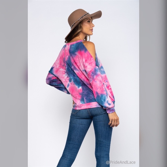 🆕 FUCHIA TIE DYE COLD SHOULDER TOP - Picture 3 of 5